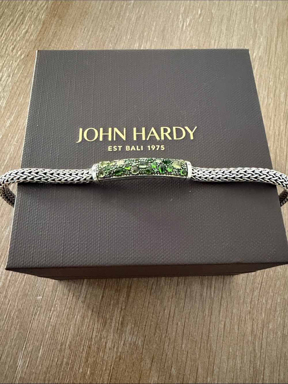 John Hardy Silver Chain Bracelet with Green Gemstone Bar